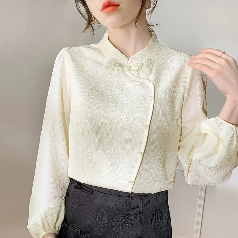 New 2024 Spring Jacquard Blouse For Womens Elegant White Shirts & Blouses Long Sleeve Tops Mujer Chinese Style Fashion Blouse