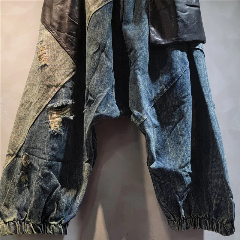WTHT Vintage Trendy Women's Patchwork Leather Pockets Loose Jeans 2024 Winter Elastic High Waist Denim Pants Female 1LS382