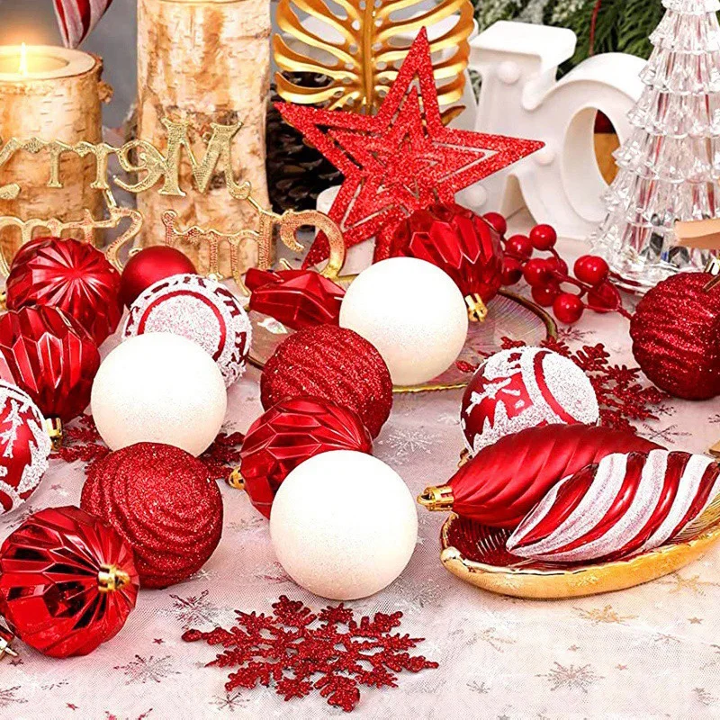 100pcs Christmas Ball Ornaments Christmas Tree Top Star Decoration Gold Red White Baubles 2025 Navidad Noel Xmas Party Hanging