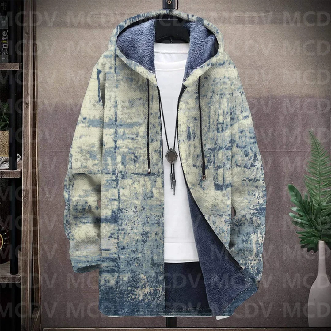 Men's Retro Flower Print Plush Thick Long-Sleeved Coat Fleece Hooded Overcoat Men Thick Warm Jacket-12 style