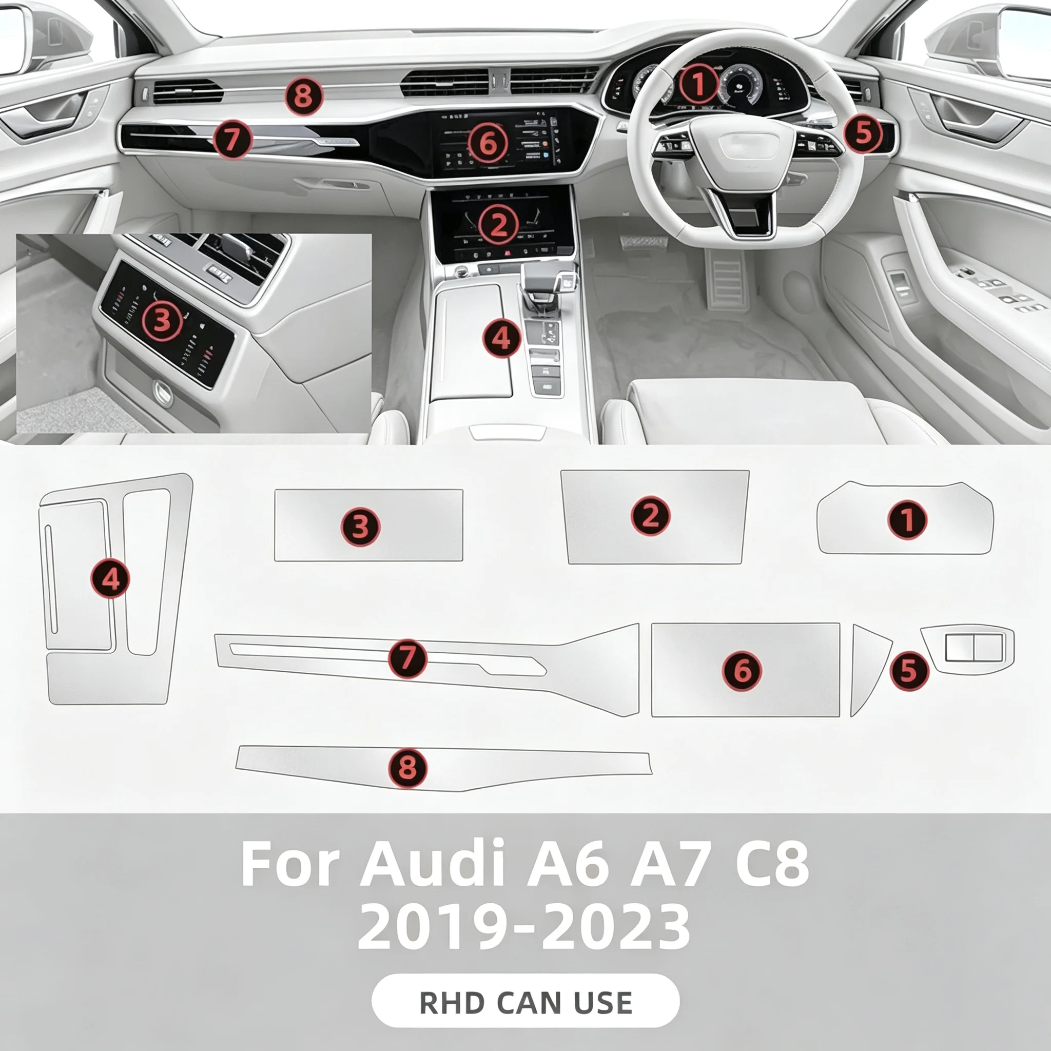 For Audi A6 C8 A7 2019-2023 Center Interior TPU Transparent Protective Film Car Gearbox Panel Dashboard PPF Anti-Scratch Film