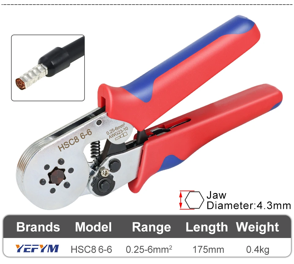 Ferrule Crimpen Werkzeug HSC8 6-4/6-6 Elektrische Crimper Zange Für Draht Ende Crimp Rohr Terminals Elektrische Schaltung Reparatur – Detail 5