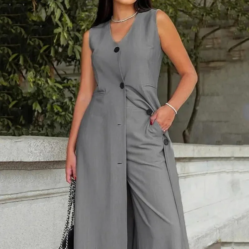 Elegant Two Piece Set Women Outfit 2024 Autumn Temperament Fashion Casual Sleeveless Long Top & High Waist Wide Leg Pants Set