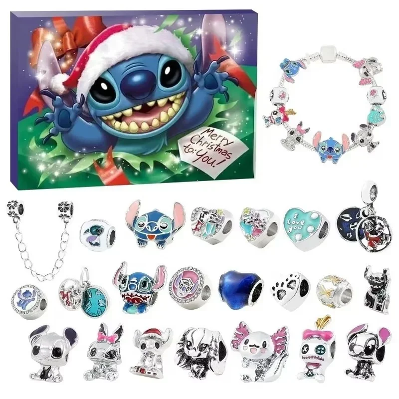 

New Disney Stitch Mickey Mouse 24 Days Advent Calendar Beads Bracelets Christmas Children Family Toy DIY Jewelry Surprise Gifts