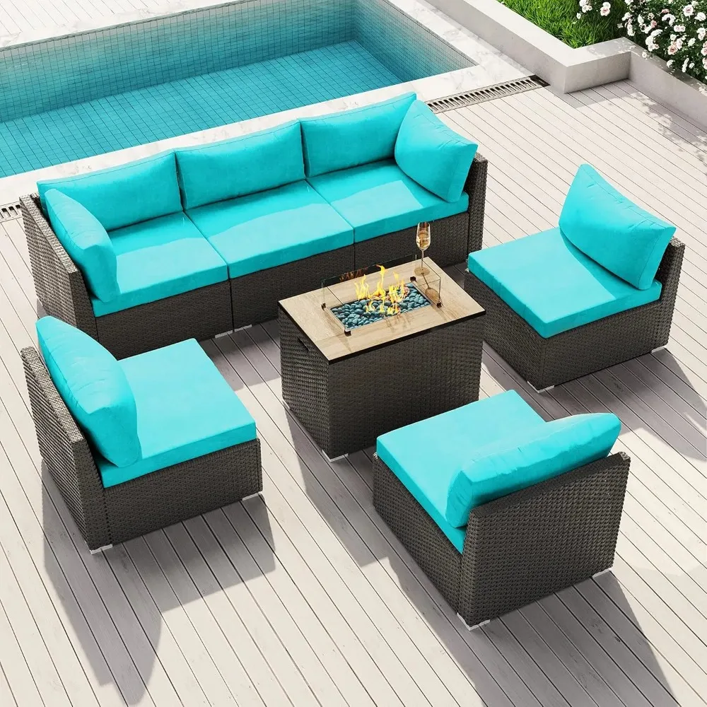 

Patio Furniture Outdoor Sectional with Propane Fire Pit Table Espresso Brown Wicker Resin Garden Conversation Sofa Set