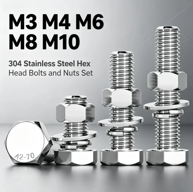 M3 M4 M6 M8 M10 304 Stainless Steel Hex Bolts and Nuts Set Screw and Nut Kit  Durable and corrosion resistant Extension screw