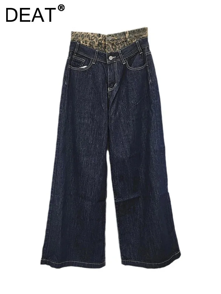 Deat Vrouwen Denim Broek Nep 2 Stuks Wijde Pijpen Dubbele Taille Patchwork Luipaard Bedrukt Rechte Jeans 2024 Herfst Nieuwe Mode 33a1770