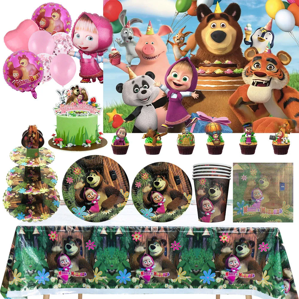 M & asha e Bear Girl tema decorazione per feste di compleanno per bambini stoviglie usa e getta piatto palloncino sfondo forniture per Baby Shower