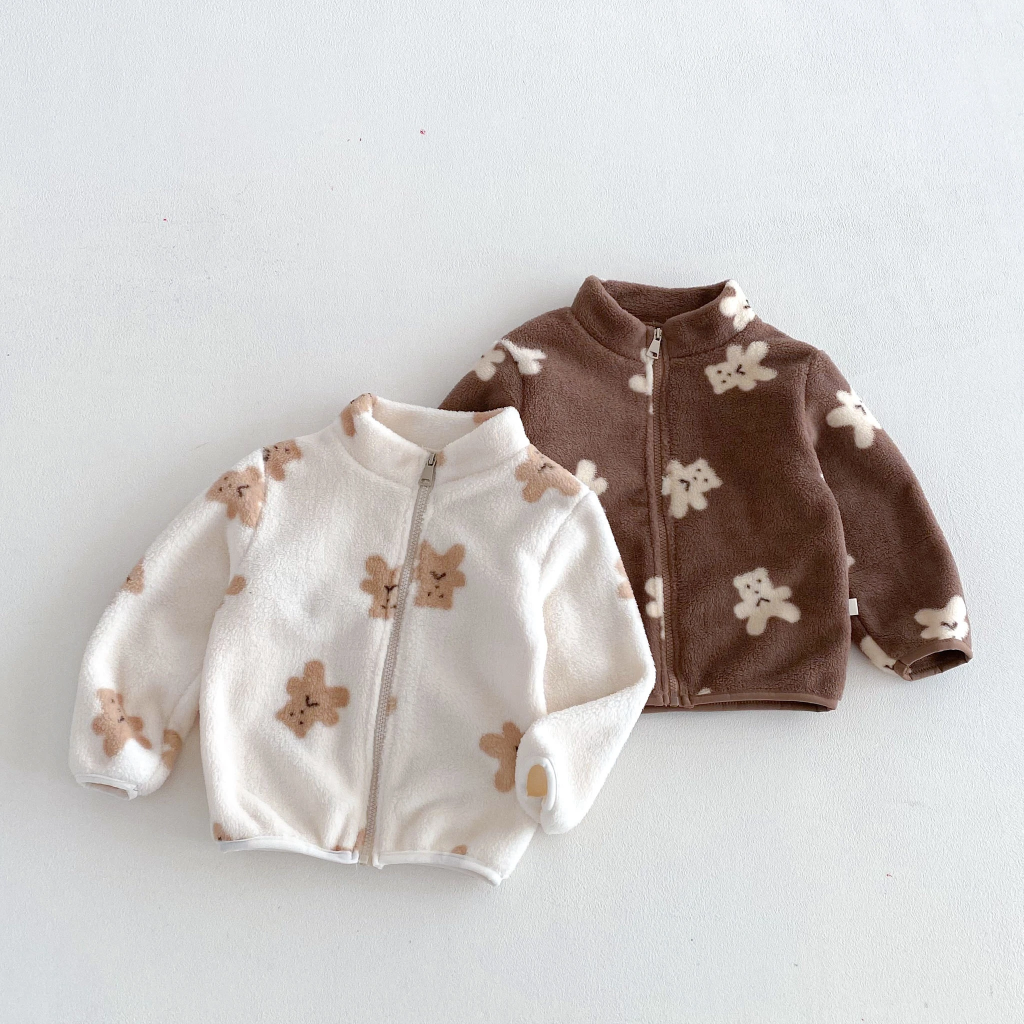 Baby Kid All Over Bear Print Stand Collar Zip Up Warm Coral Fleece Coat For Toddler Girls Boys Wear Children Winter Coat Clothes