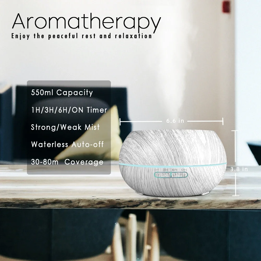 

Remote Control Wood Grain Essential Oil Diffuser - 550ml, 7 LED Colors, 6 Oils Included