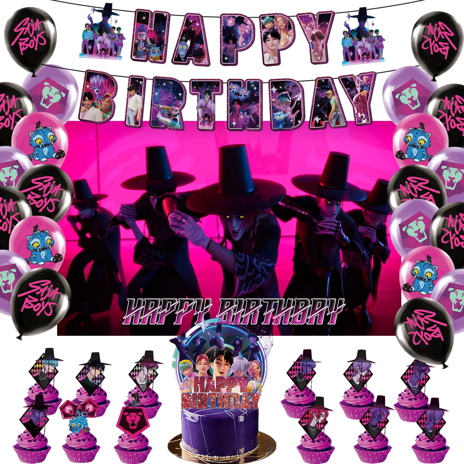 Your Idol Saja Boys KPop Demon Hunters decoraciones para fiesta de cumpleaños globos negros y rosas rojas película de Anime telón de fondo adornos para tarta