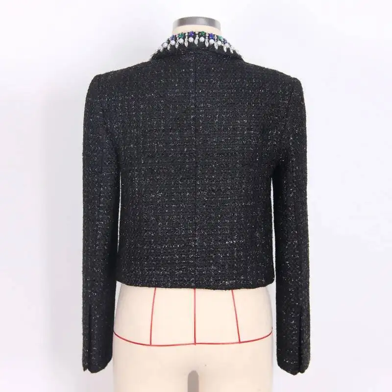 เสื้อแจ็คเก็ตทวีดทรงสลิมสีดำสำหรับผู้หญิง LEOSOXS ประดับลูกปัดเล็บ แฟชั่นเสื้อคลุมคาร์ดิแกนสั้น คอโอ เสื้อเบลเซอร์สำหรับสุภาพสตรีทำงาน ฤดูใบไม้ร่วง 2025 ชุดสูทใหม่
