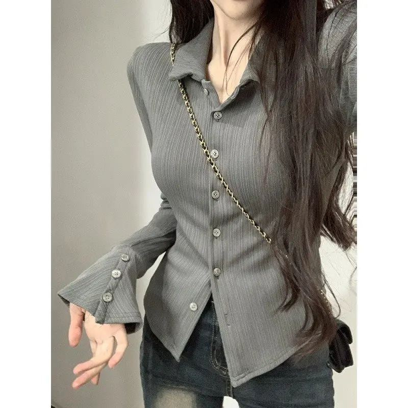 2024 Autumn And Winter New Slim-Fit Button Cardigan T-Shirt Top Millennium Style Street Style Polo Collar Long-Sleeved T-Shirt