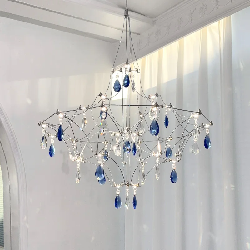 

French Luxury Blue Crystal Led Pendant Lights Romantic Art Living Dining Room Chandeliers Lighting Bedroom Decor Hanging Lamps