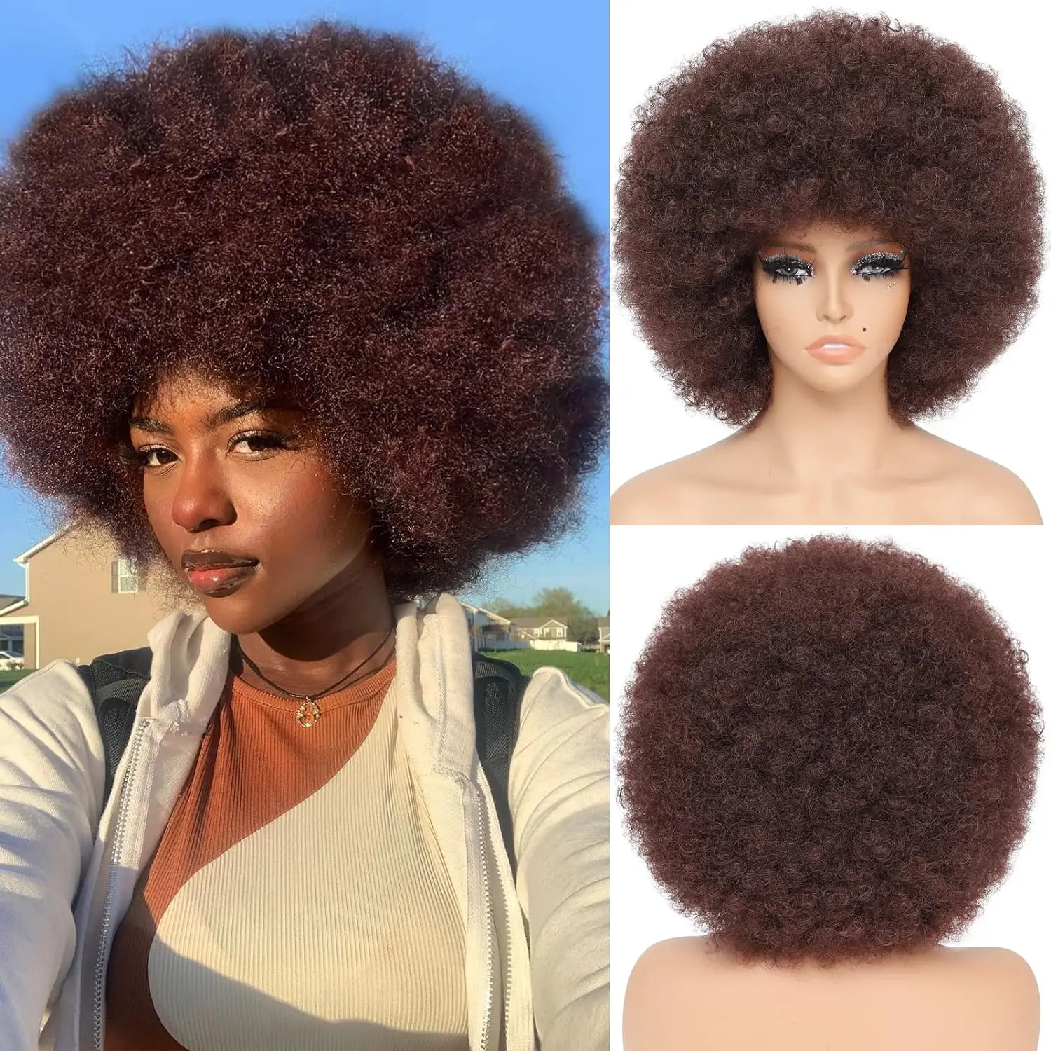 Afroสีน้ําตาลวิกผมสังเคราะห์สําหรับผู้หญิงสีดําGluelessสวมใส่และGoวิกผม 70Sวิกผมสตรีสั้นKinky CurlyพัฟวิกผมBangs