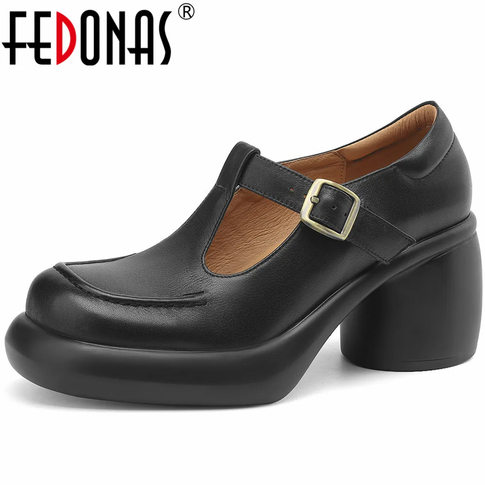 

FEDONAS Women Pumps Platforms Fashion T-Strap Genuine Leather Thick High Heels Shoes Woman Spring Summer Basic Casual Working