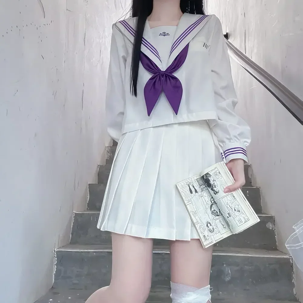 

Japanese White Uniform Seifuku School Sailor Suit Purple Tie Korean Student JK Uniform Sailor Blouse Cosplay Girls Pleated Skirt