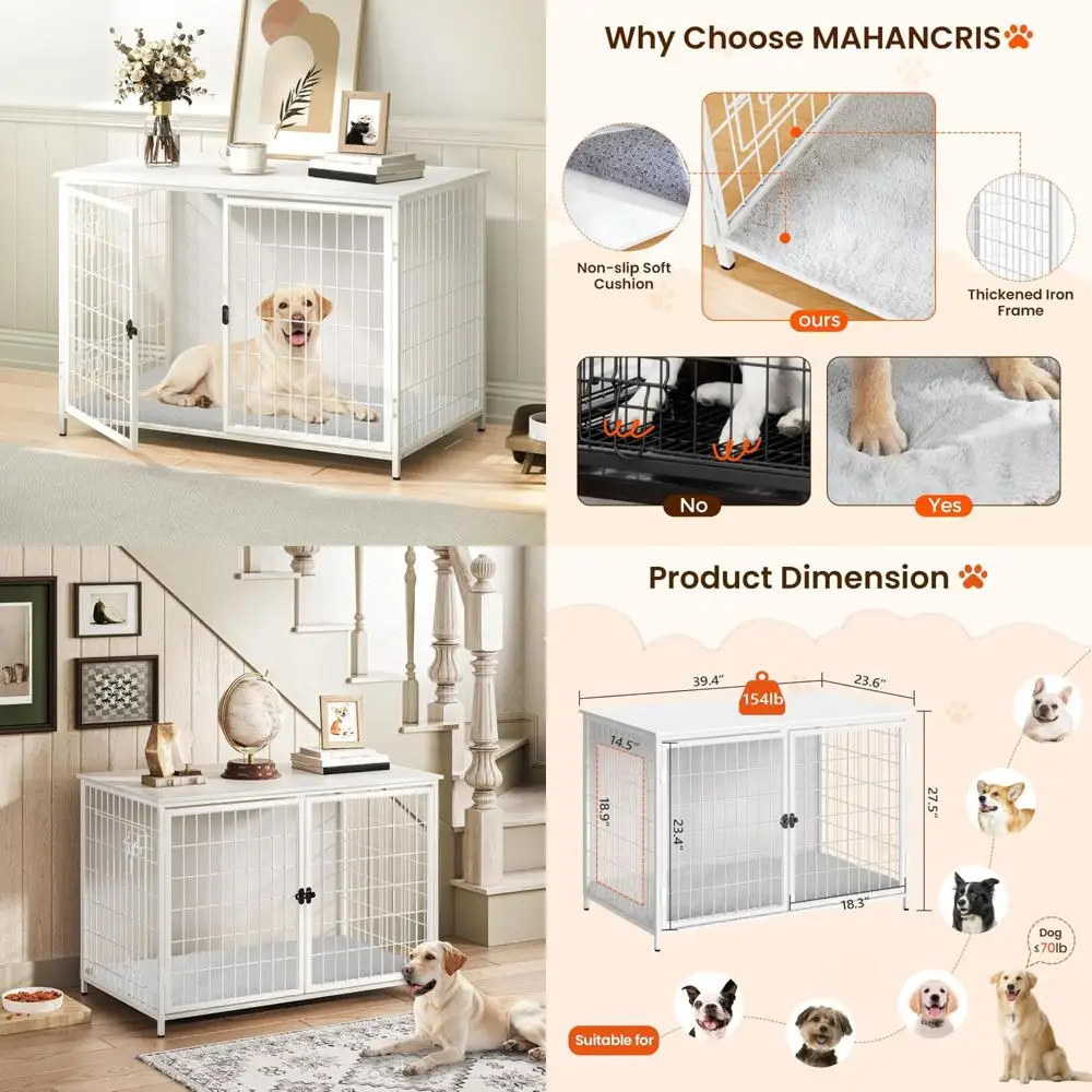 

Sturdy Wooden Dog Crate with Cushioned Interior, Double Door Enclosure for Various Dog Sizes, Durable Indoor Dog Cage