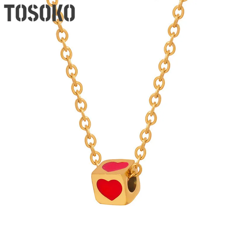 TOSOKO-Collier pendentif carré coeur émaillé coloré pour femme, bijoux en acier inoxydable, tridimensionnel, mode féminine, Béventuelles 1723