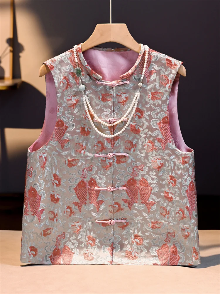

New 2025 Improved ort Flag Robe Daily Wear Retro Button New Chinese Sle Vest Song Jin Embroidery Jaet Breathable