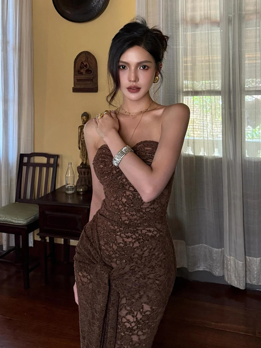 REDDACHiC dentelle florale femmes robe Tube creux paillettes torsion Corset noeud moulante Maxi robe longue Hotties Vintage vêtements formels