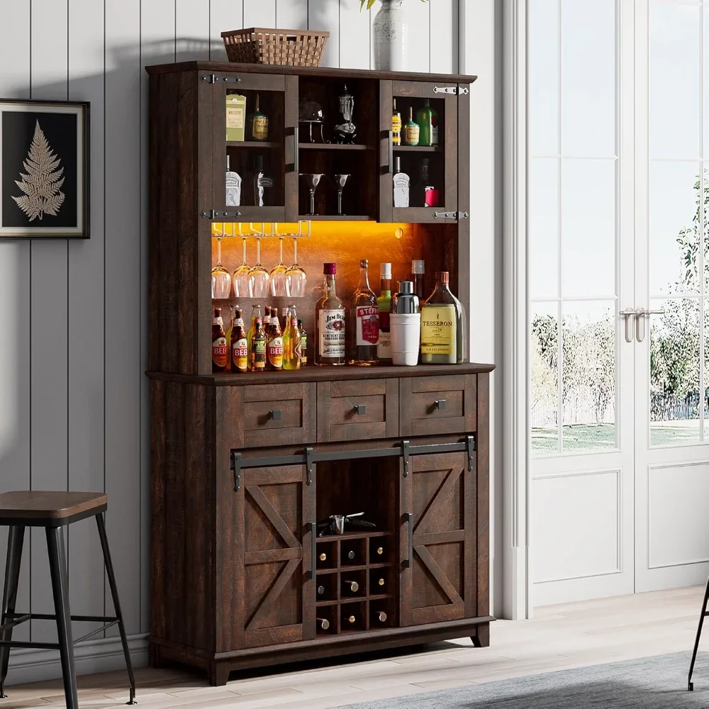 Coffee Bar Wine Cabinet with Sliding Barn Door&LED Lights,Sideboard Buffet Cabinet with Wine Bottle Rack,Drawers,Storage Cabinet