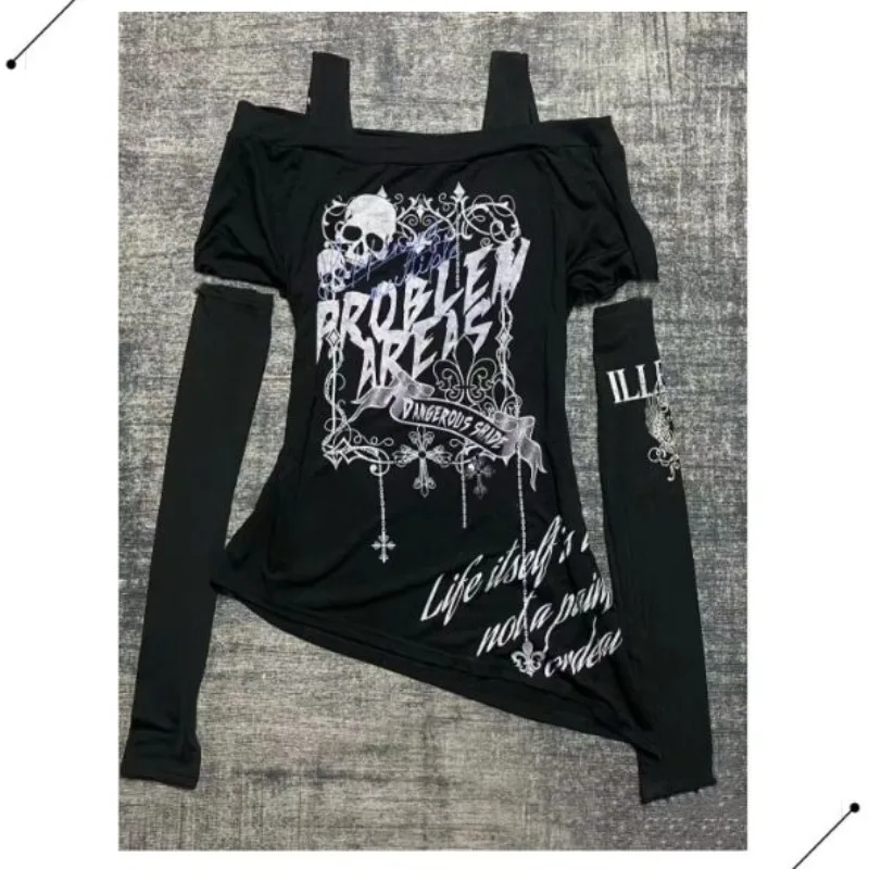 Personality Spliced Long Sleeve Subcultural Sling Sweatshirts Y2k Aesthetic Skull Letter Print Lrregular Shirts Punk Japan Tops