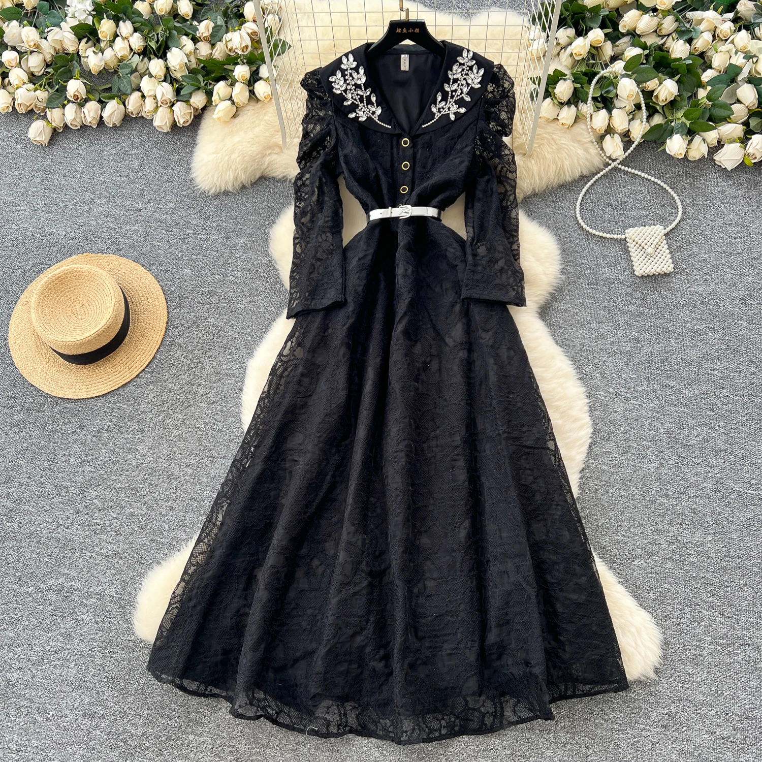 Chic Sexy rhinestone Peter pan Collar Ruched Fairy A-line loose Summer  Women Boho Sundress  women clothing