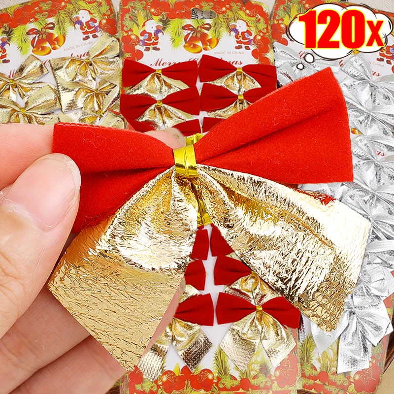 12/120Pcs Christmas Decoration Bows Red Gold Xmas Tree Wreath Bowknots Pendant Ornaments for Home Decor New Year Party Gifts