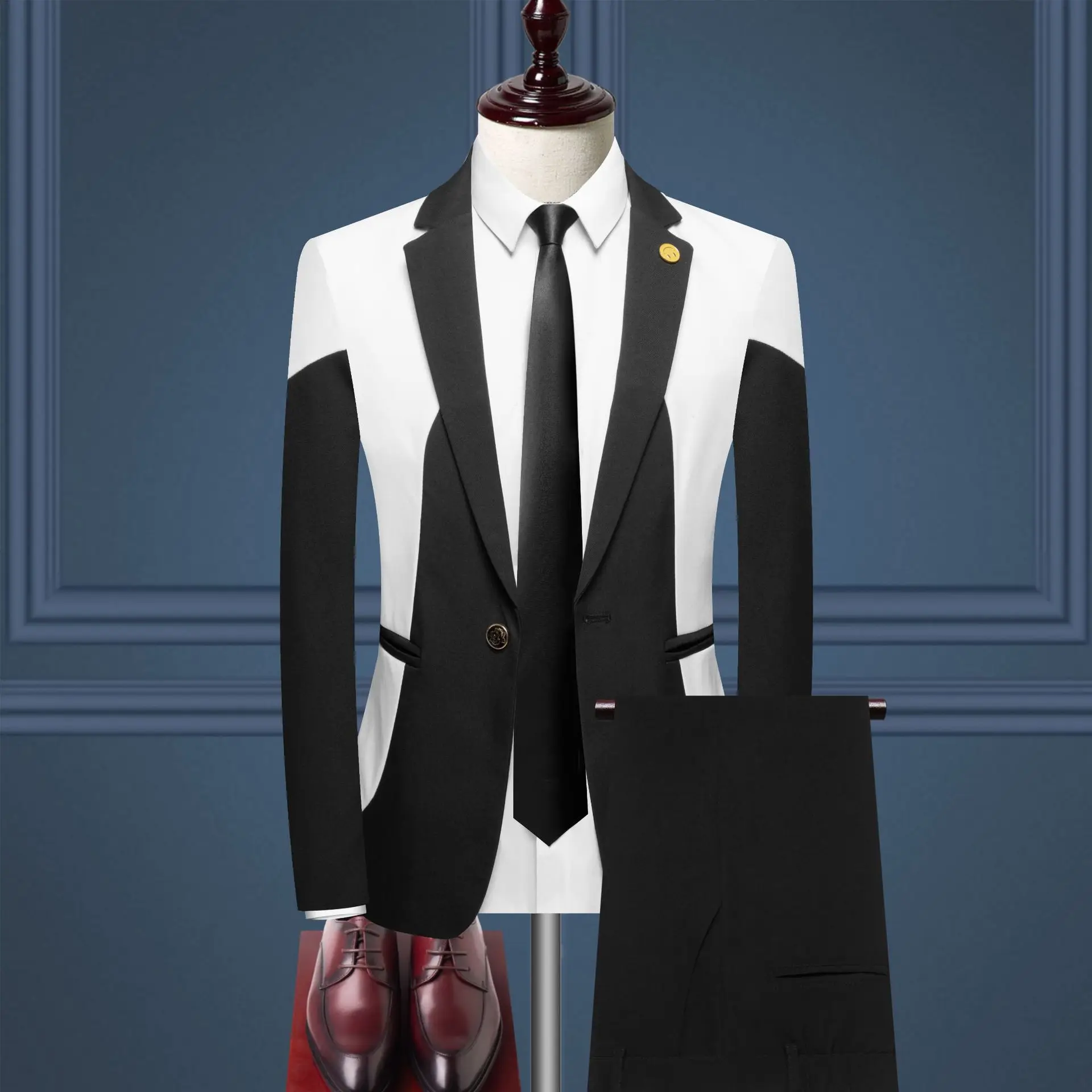

High Quality Men's Two-Piece Suit Set Color Block Tailored Formal Dressing British Style One Button Single Row Buttoning