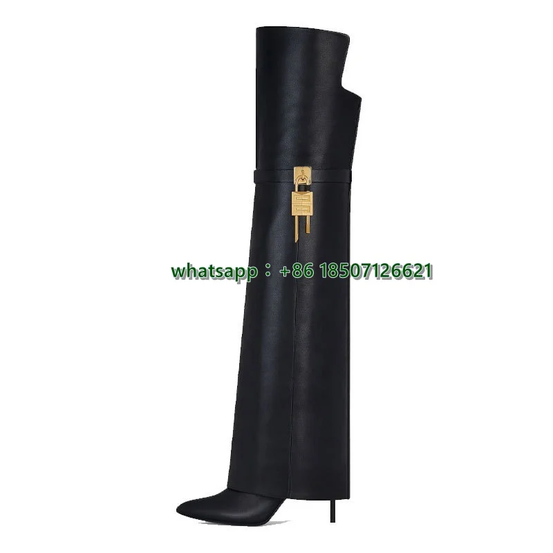 New Large-Tube Lock Buckle Pointed Long Boots For Women Leather Boots Metal Knight Boots Stiletto Boots