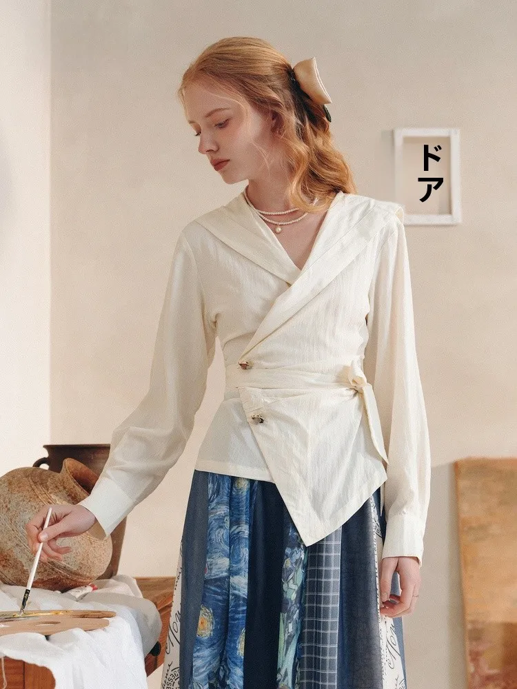 

Elegant Embroidered Long Sleeve Shirt Women's Navy Collar Waist Cinched Belted Shirt by Two Three Things Spring 2026 New Style