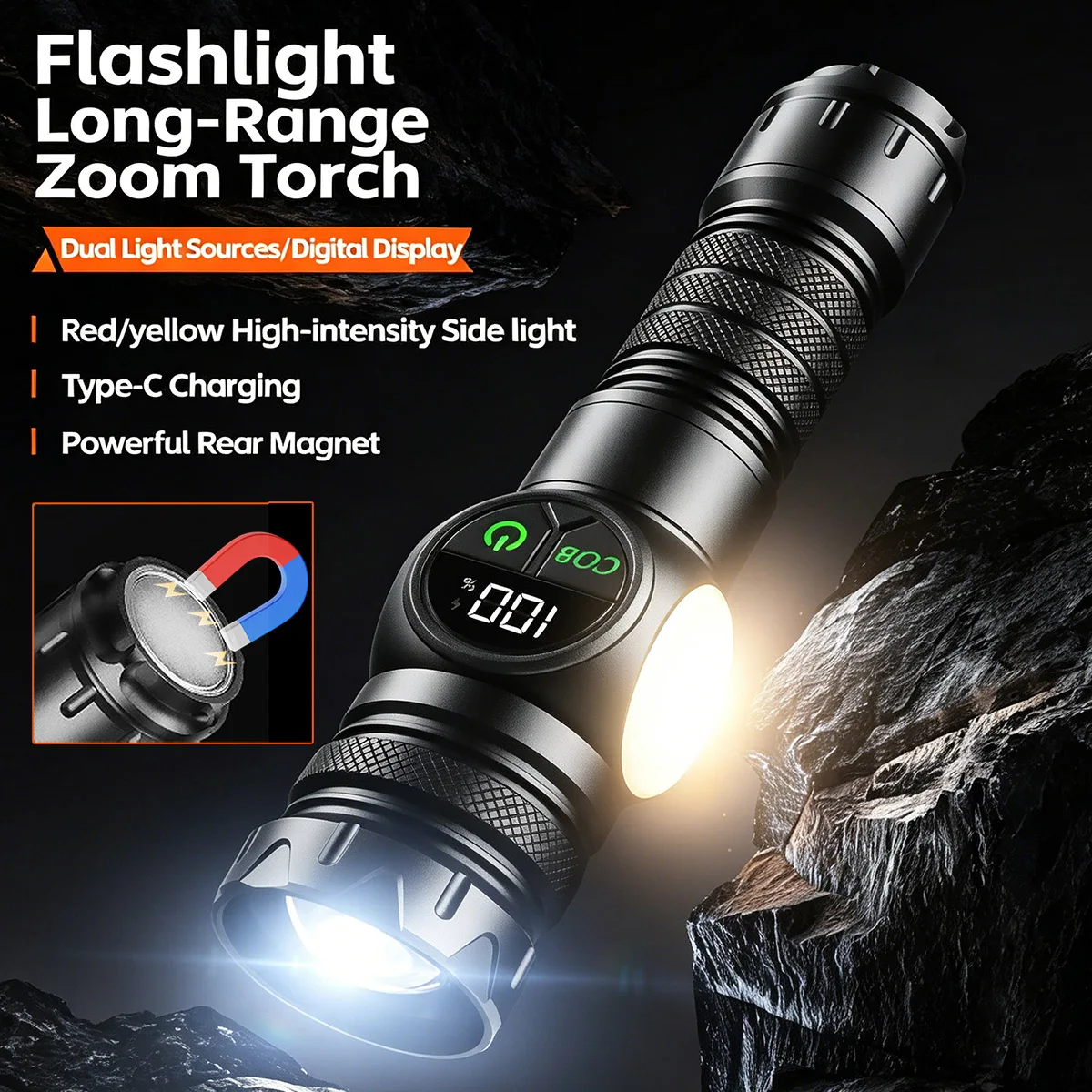 

High Power Spotlight Long Range LED Flashlight With Side COB Light Type-C Charging Zoomable Aluminum Alloy Torch Lantern