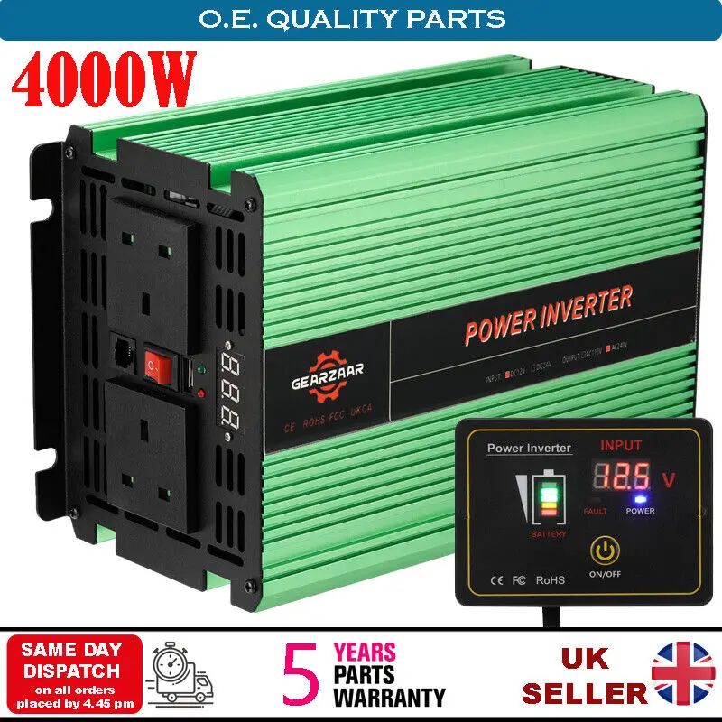 Power Inverter Pure sine Wave DC12V to 240V 2000W 4000W Converter Remote LCD UK