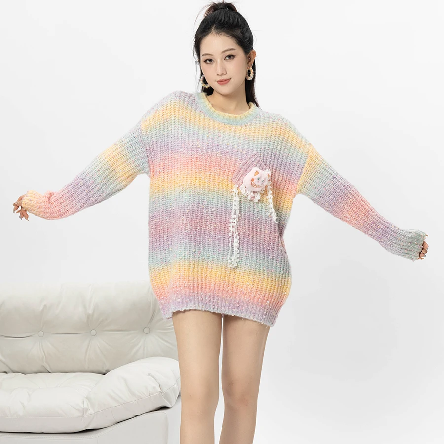 Korean Style Autumn Winter Women Girl Pullover Sweater Sweet Rainbow Colors Turn-down Collar New Simple Casual Fashion Design