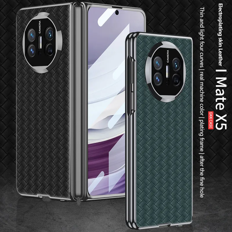 Woven Pattern Leather Case For Huawei Mate X5 X3 Camera Lens Protection Plating Frame Shockproof Cover With Tempered Film