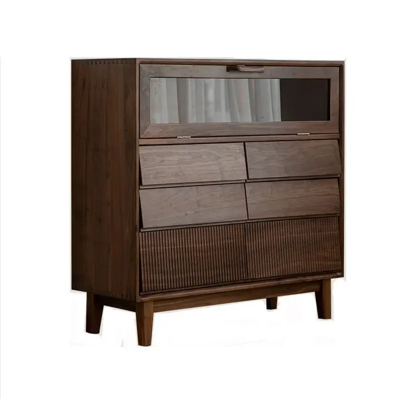 

North American black walnut solid wood bedroom chest integrated living room dining side cabinet atmosphere light glass