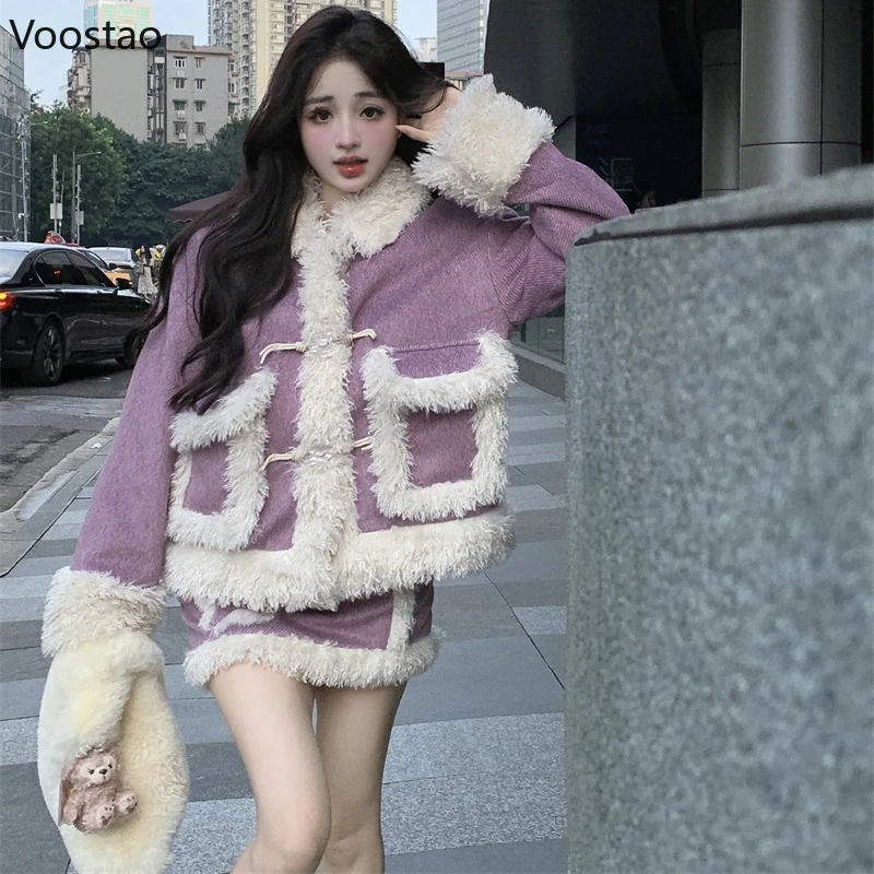 Autumn Winter Sweet 2 Piece Skirt Sets Women Casual Y2k Plush Patchwork Jacket Mini Skirts Fashion Kawaii Warm Blazer Coat Suits