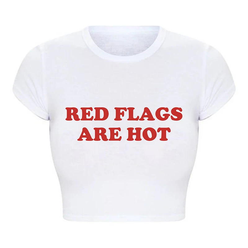 

Red Flags Are Hot Funny Letter Printed Trendy Women Cropped Tops Harajuku Kawaii Clothes Causal Summer Fashion Baby Tee T Shirts