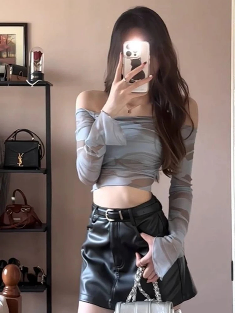 Summer Ice Silk T-Shirt Women's Short Shoulder Mesh Dyeing Style Transparent Sun Protection Cover up Slim Fit Long Sleeve Top