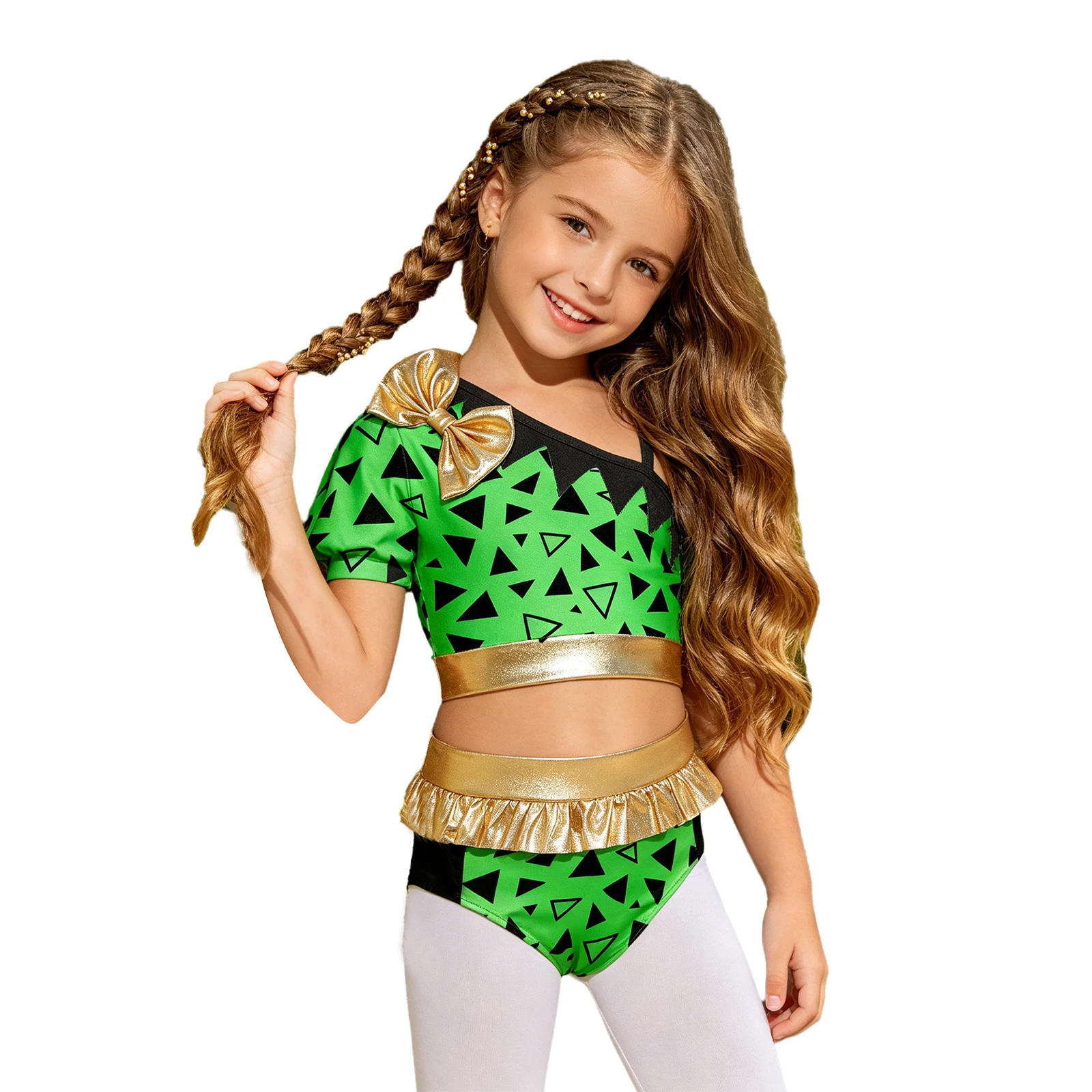Girls Prehistoric Cave Dance Outfits Asymmetrical Sleeve Metallic Printed Color Block Crop Top Shirts with Ruffle Briefs Set