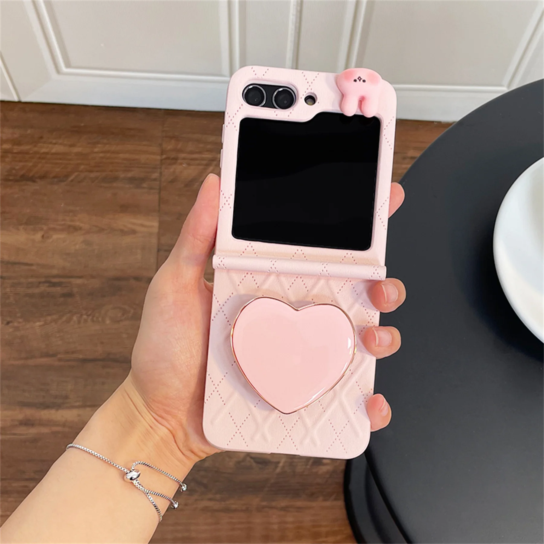 Cute Korean 3D Love Heart Bracket Cartoon Rabbit Rhombus Lattice Case for Galaxy Z Flip 3 4 5G Z Flip5 Flip4 Zflip5 Flip6  Cover