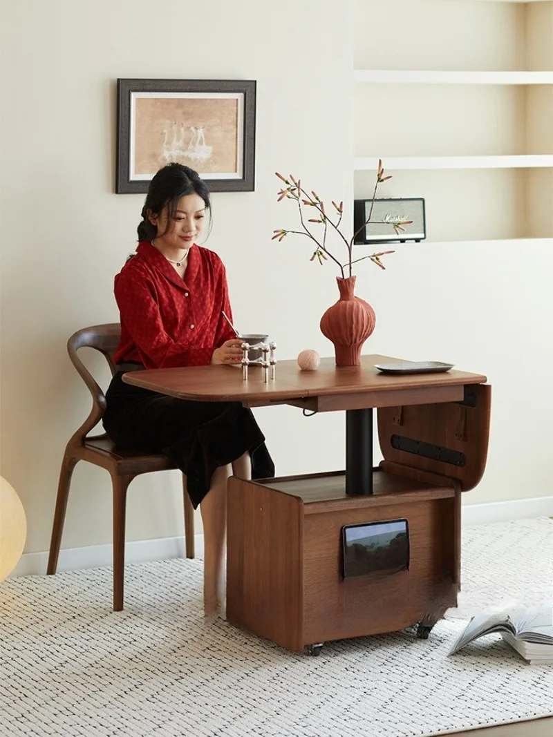 Nordic solid wood lifting coffee table living room small apartment mobile folding tea table black walnut dining table