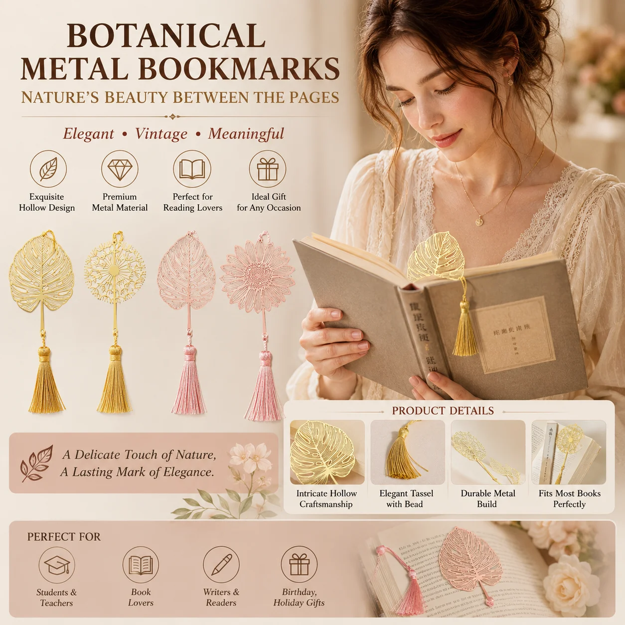Vintage Hollow Plant Vein Tassel Book Markers Flower Leaf Metal Bookmark Student Teacher Gift Reading Supplies Artistic