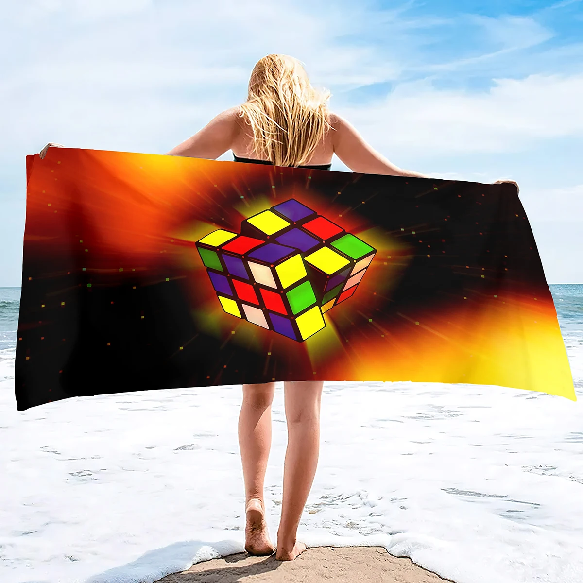 Oversized Bath Towel Microfiber Beach Towel, Rubik's Cube Print Quick Dry Towel Portable, Sandproof, Pool Towels Picnic Mat