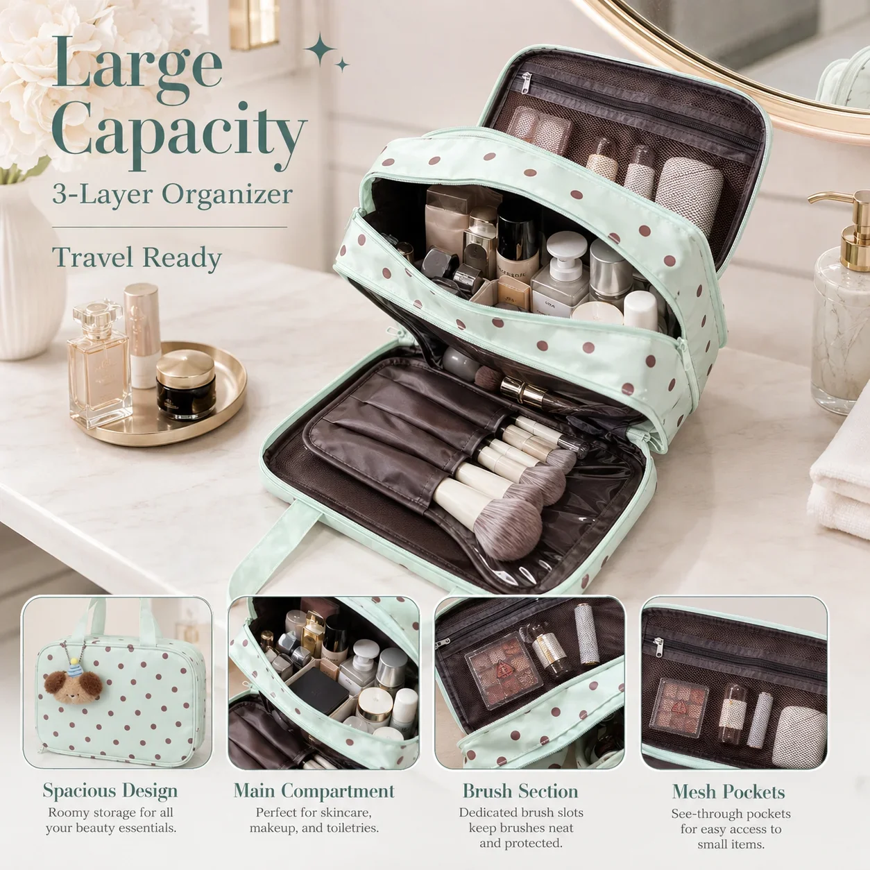 Mint Green Polka Dot Makeup Storage Bag, High Beauty Large Capacity Travel Pouch, 3-Layer Waterproof Toiletry Organizer