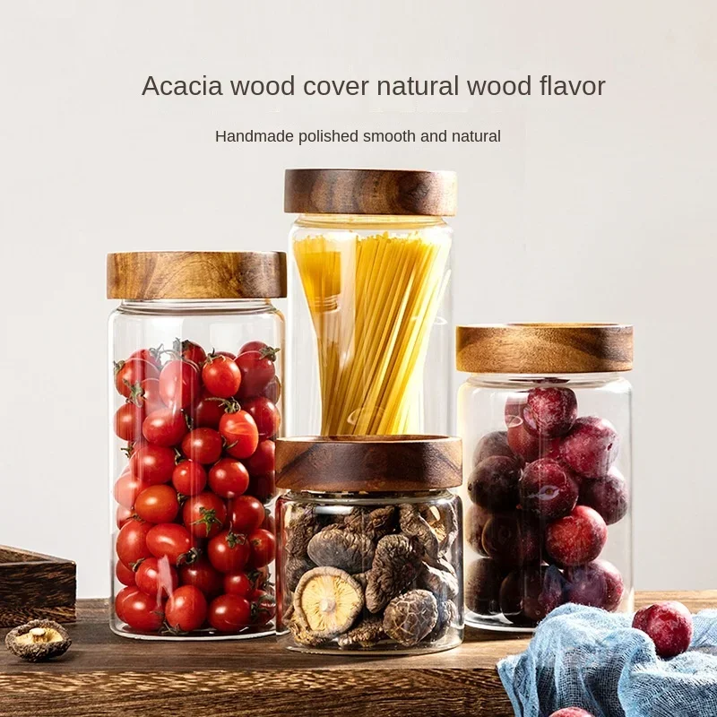 Acacia Wood Glass Storage Jar,Kitchen Storage, Orange Peel,Multi-grain Sealed Jar,Food Grade Glass Bottle, Household Storage Jar