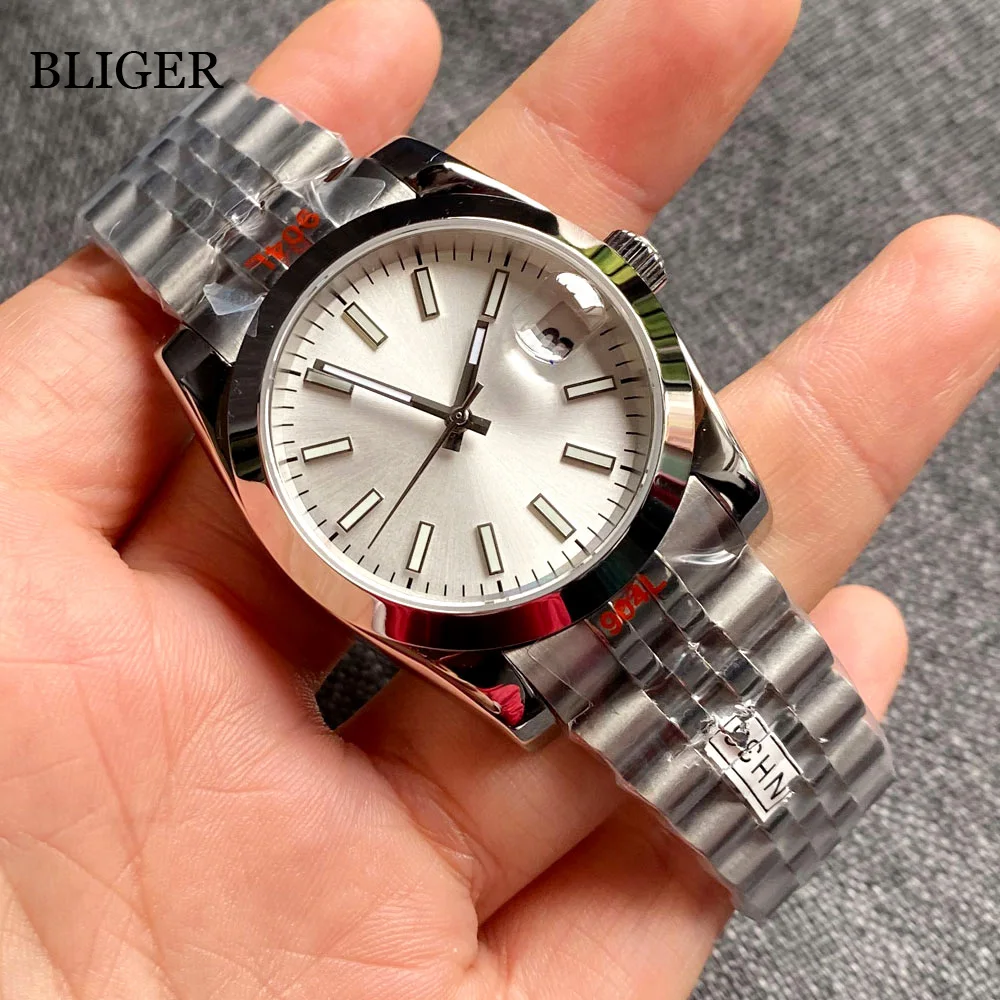 Imagem -03 - Bliger 36 mm Nh35a Polido Case Relógio Automático Homem Jubileu Pulseira de Vidro Safira Luminoso Prata Dial Baton Index