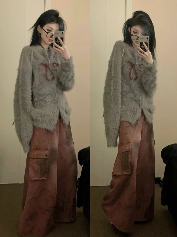 Y2k Aesthetic Jacquard Loose Cardigan Streetwear Women\'s Fur Double Zippers Sweaters Harajuku Fairy Knitted Grunge Sweet Coats