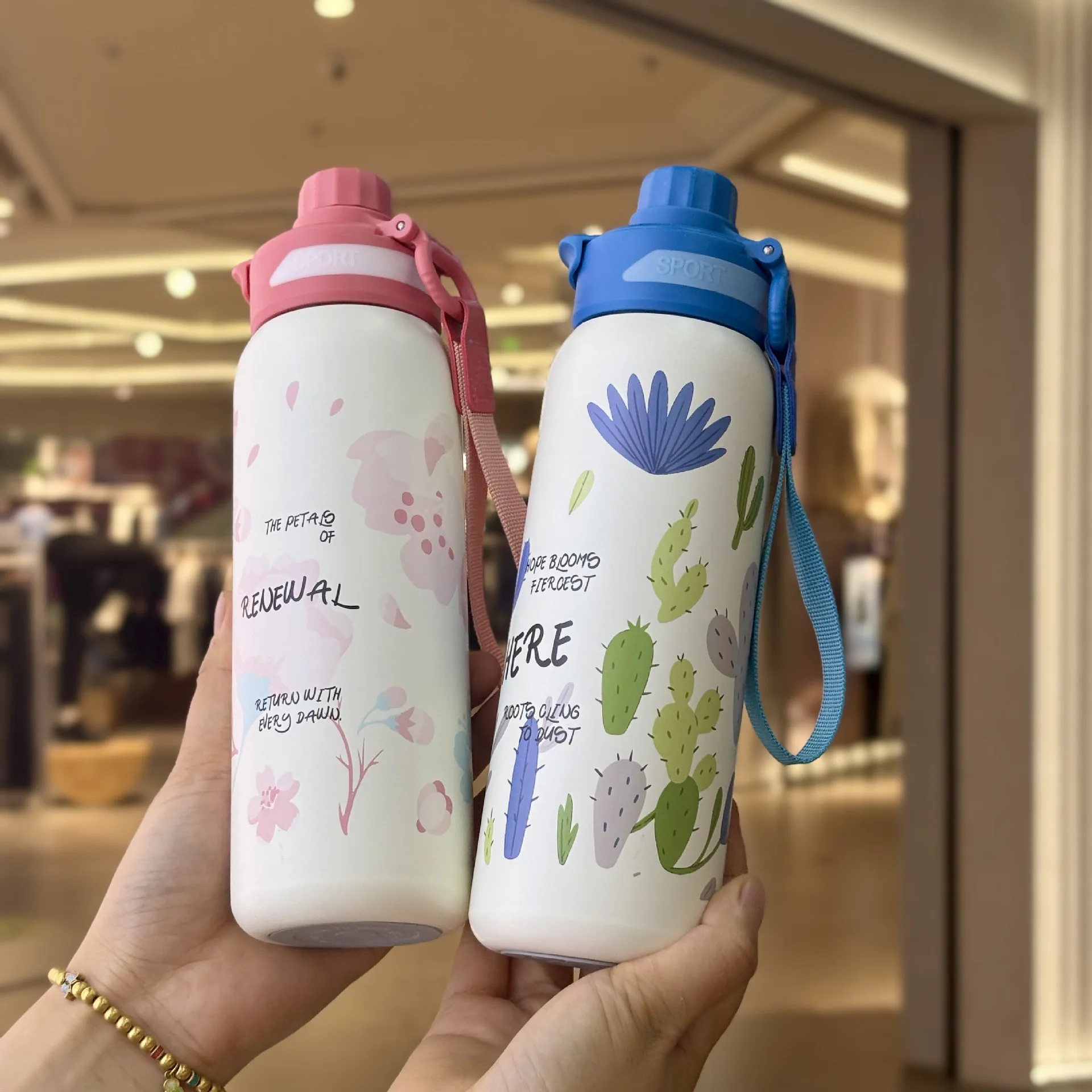 A Fresh and Simple Printed Hand-held Stainless Steel Insulated Cup for Sports A Portable Student  Cup for Double-drinking Sports